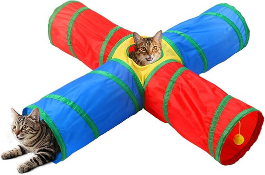 Coolcandy Cat Tunnel & Interactive Cat Toy Indoor, 4 Way Tunnel Toys for Indoor Cats, Collapsible Interactive Peekaboo Cave with Play Ball, for Multi-Way Play & Small Animals