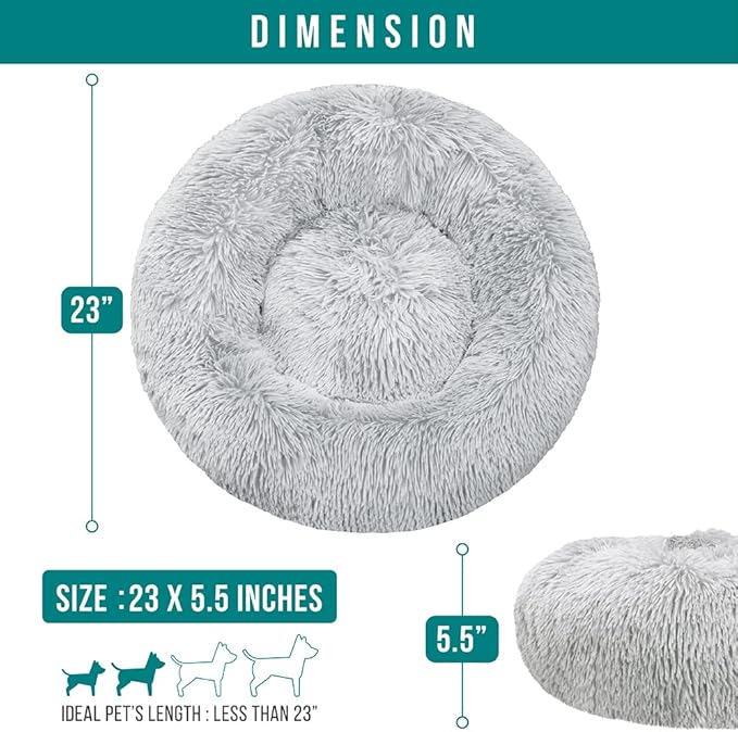PetAmi Calming Dog Bed for Small Medium Dog Cat, Round Donut Dog Bed Washable, Fluffy Faux Fur Plush Cuddler Pet Kitten Cushion Bed, Anti-Slip, Fits up to 25 lbs, 23 inch, Light Gray