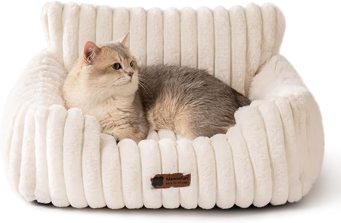 MEWOOFUN Cat Beds for Indoor Cats, Fluffy Cat Couch with Removable Washable Cover, Supportive Small Dog Beds for Puppy & Kitten up to 15 lbs (Beige, 24x19x12)
