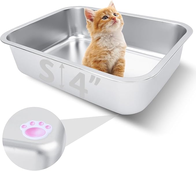 Small Stainless Steel Litter Box for Kittens, 15.5"×11.6"×4" Metal Litter Box for Kitten Rust-Proof, Non Stick, No Smell, Easy to Clean for Cats Rabbits
