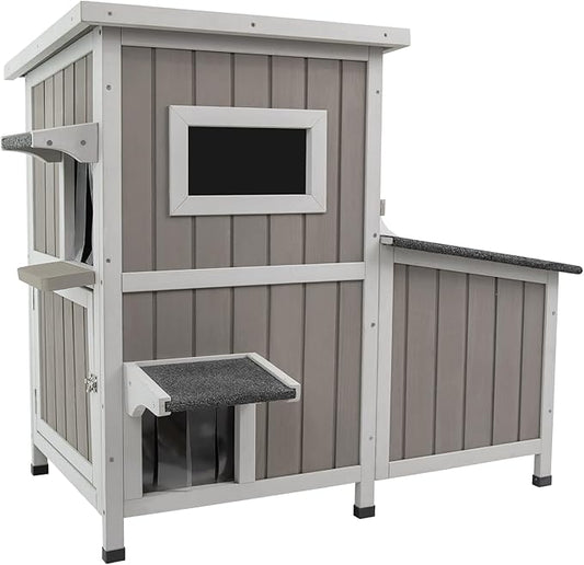 Cat House Outdoor Cat Shelter for 2-3 Feral Cats Two Story Wooden Cat Houses for Outside Cats Weatherproof in 3 Rooms,with Asphlat Roofs 3 Escape Doors Acrylic Window Easy Assemble