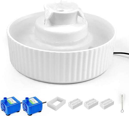 Ceramic Cat Water Fountain, waatoos 2.1L/71oz Cupcake Pet Water Fountain with 3 Carbon Filters and 2 Water Pumps, Automatic Water Dispenser for Cats and Small Dogs (White)