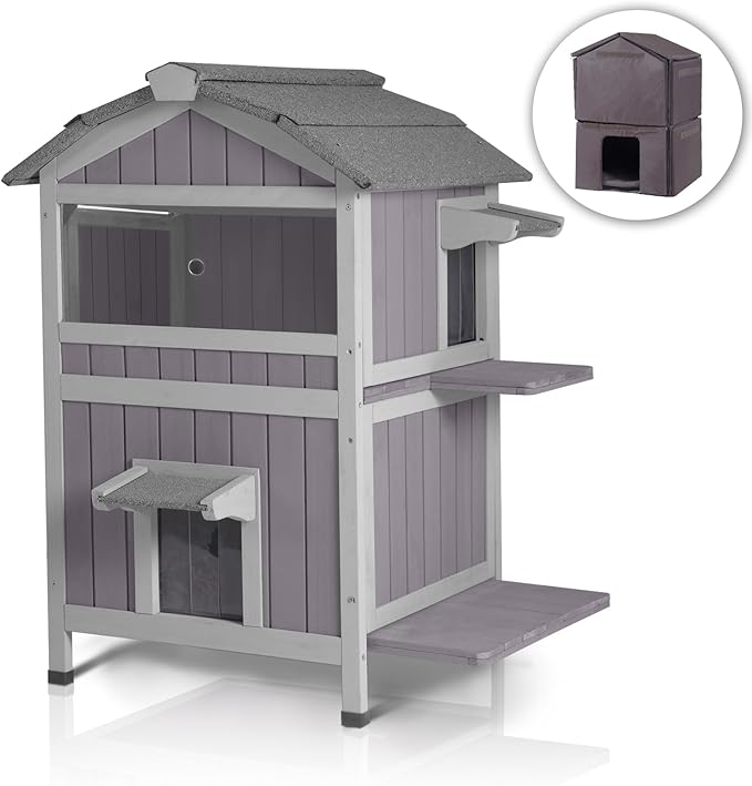GUTINNEEN Insulated Outdoor Cat House for Winter Feral Cat Shelter Weatherproof 2-Story