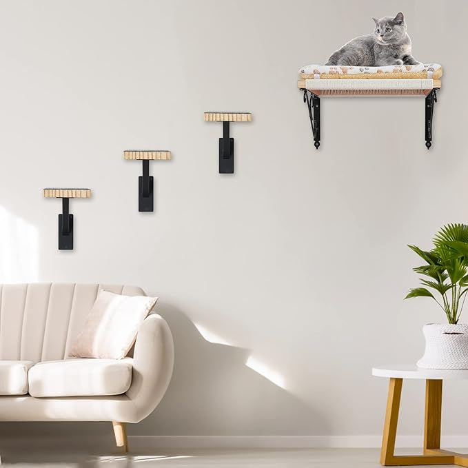 Cat Wall Climbing Steps Pack of 3 - Sturdy Wall Floating Shelves, Indoor Cat Furniture & Perch, Hammock Bed, Ladder Stairs - Easy to Install