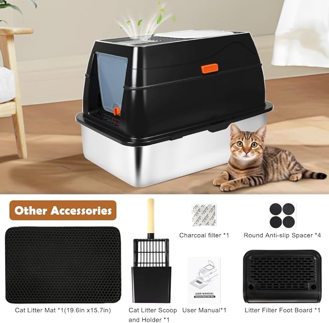 Vivifying Stainless Steel Litter Box with Lid, XL Front Entry Enclosed Extra Large Litter Box for Big Cats & Kitty, Top Exit Metal Cat Pan with Scoop, Mat, Footboard, Charcoal Filter (Black)