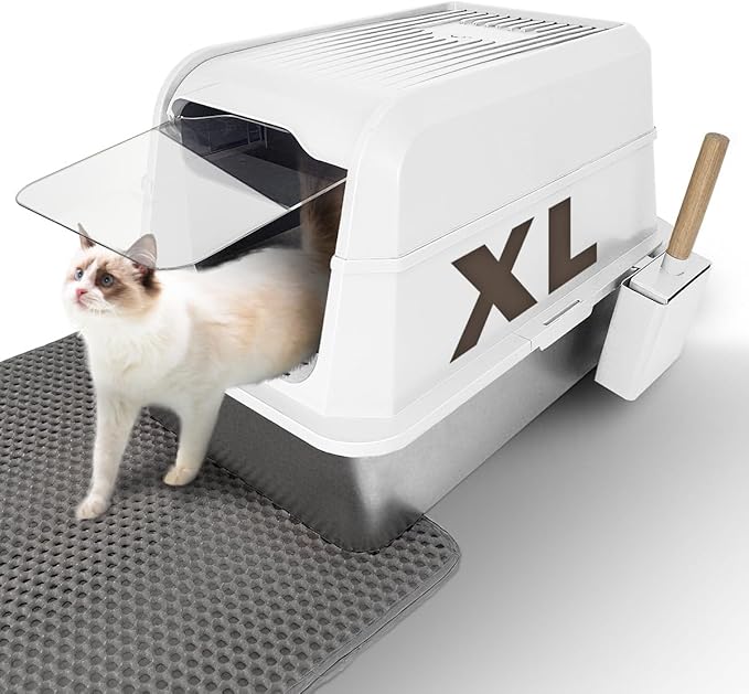 Stainless Steel Litter Box with Lid - Extra Large Cat Litter Boxes for Big Cats with Mat & Scoop - Anti-Leakage, Odor-Proof, High-Sided, Non-Stick& Easy to Clean - Ideal for Multi-Cat Homes - White