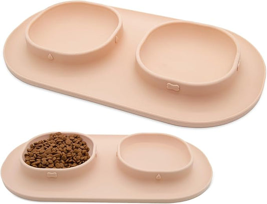 Dog Food Bowls Pet Bowls & Dog Water Bowls with No-Spill and Non-Skid, Feeder Bowls with Dog Bowl Mat for Small Medium Large Size Dogs Cats Puppy Pets, Dog Dishes (Khaki)