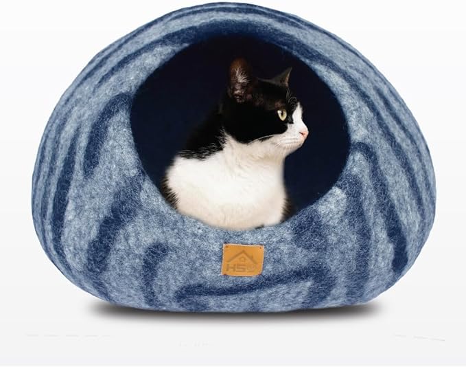 Large Wool Cat Cave Premium Felt Bed for Cats & Kittens Pet House Natural 100% Merino Wool Handmade Indoor Hideaway Eco-Friendly Cove 19 Inch Diameter Round Handcrafted Dome (Dark Gray Tiger)