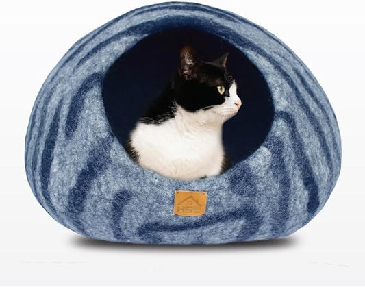 Large Wool Cat Cave Premium Felt Bed for Cats & Kittens Pet House Natural 100% Merino Wool Handmade Indoor Hideaway Eco-Friendly Cove 19 Inch Diameter Round Handcrafted Dome (Dark Gray Tiger)