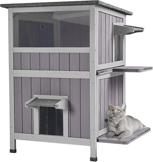 Aivituvin Outdoor Cat House,Two-Story Feral Cat Shelter,Wooden Cat Condos,Weatherproof Cat Enclosure for Winter with Escape Doors