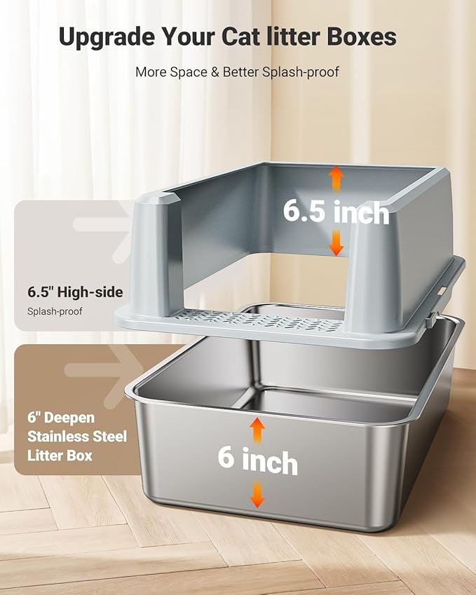 XL Stainless Steel Litter Box, Large Metal Cat Litter Box with High Sided for Big Cats, Enclosed Litter Boxes with Lid, Easy-Clean Cat Litter Mat & Scoop Kit, Non Sticky, Anti-Urine Leakage