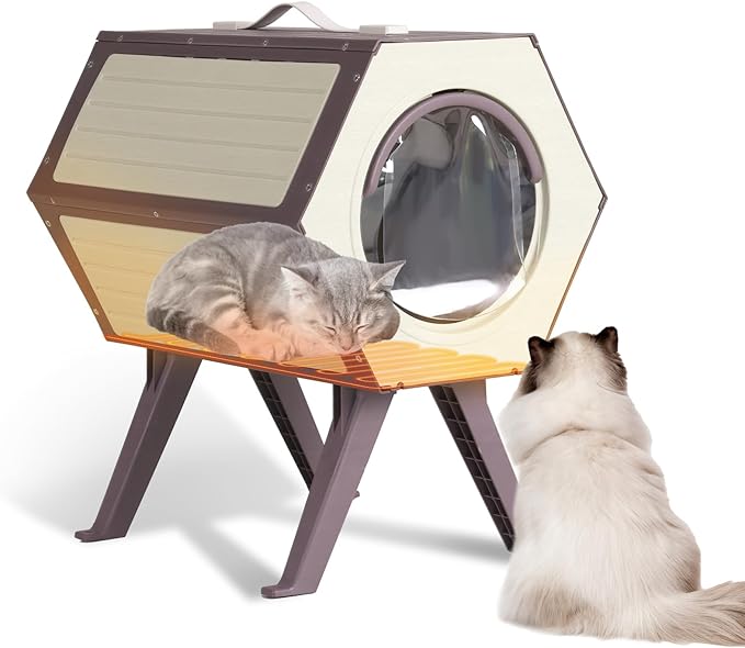 Heated Cat House for Outdoor Winter,Combined Cat Condo with Adjustable Temperature and Time, Insulated Outdoor or Indoor Cat Shelter for Feral with Escape Door (White and Brown, 1 Set)
