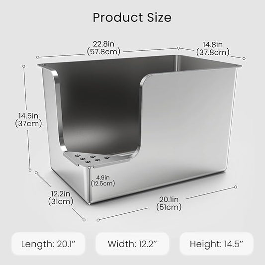 Stainless Steel Litter Box 14.5" High-Side, XL Metal Cat Litter Box, Corner Opening Entry Pet Toilet, Cat Litter Pan with Wheels, Easy to Move, Non-Stick, No Odor, for Big or Multiple Cats