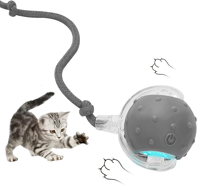 Electric Interactive Cat Toy Ball - Automatic Rolling Silicone Cat Toys for Indoor Cats, Durable Chew-Proof Motorized Kitty Ball with LED Light, Fun Exercise Toys for Bored Kittens(Grey)