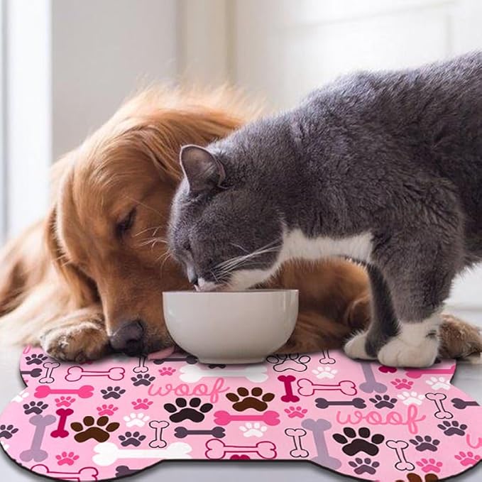 Dog Food Mats for Floors Waterproof, Pet Feeding Absorbent Water Bowl Mat Cat Placemats Pink Bone Shape 19 * 12 inch