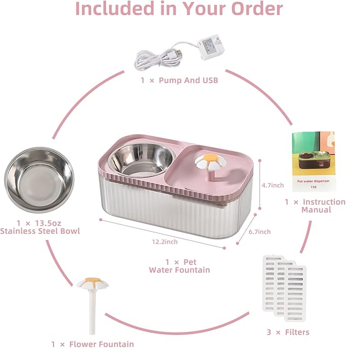 Cat Water Fountain and Food Bowl, 3L/101oz Ultra Quiet Pet Water Dispenser with Smart Pump and 3 Replacement Filters, Automatic Flower Fountain & Stainless Steel Bowl for Dog & Cat (Pink)