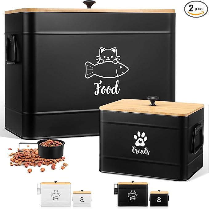 Extra Large Metal Cat Food Containers Airtight 12+3.5 lbs Cat Treat Snack Jars Set of 2 with Bamboo Lids and Spoons Farmhouse Big Pet Cookie Storage Jars for Kitchen Counter Gifts(Black)