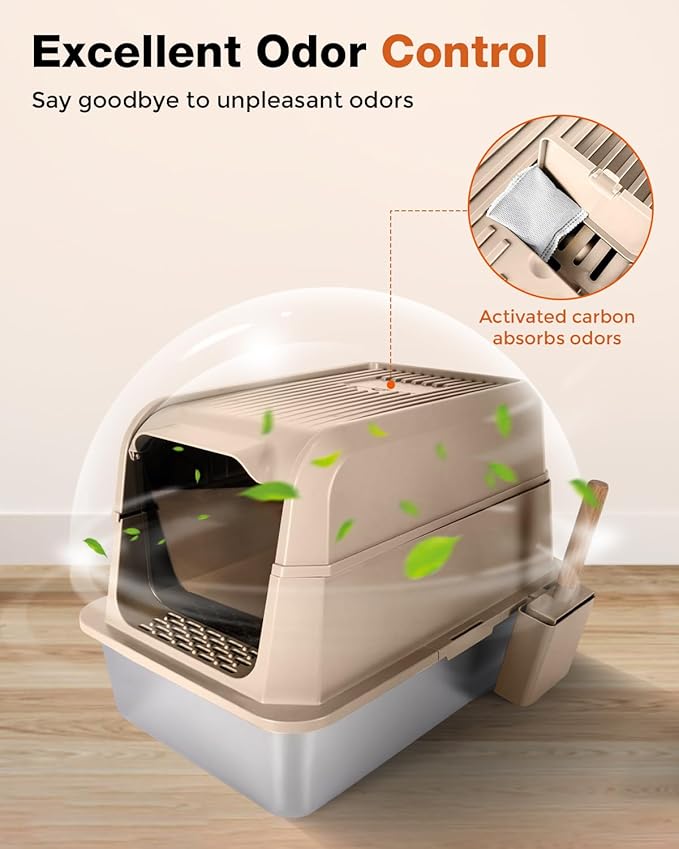 Stainless Steel Litter Box with Lid - Extra Large Cat Litter Boxes for Big Cats with Mat & Scoop - Anti-Leakage, Odor-Proof, High-Sided, Non-Stick& Easy to Clean - Ideal for Multi-Cat Homes - Khaki