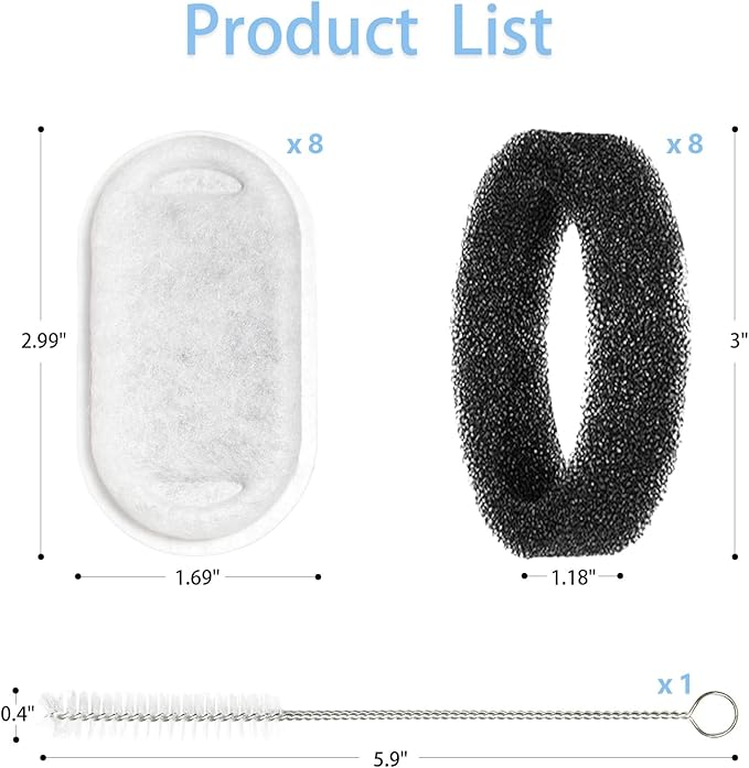 Cat Water Fountain Filters Replacement (16-Piece Pack) - 8 Filters + 8 Sponges + Cleaning Brush - Compatible with 3L (108oz) & 2L (67oz) Stainless Steel Pet Fountains