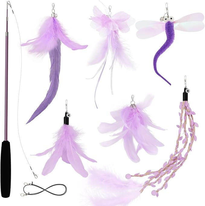 SONGWAY Cat Wand Toys for Indoor Cats - Cat Toy Set with Retractable Teaser Wand and 6 PCS Fairy Feather Toy Refills, Dragonfly Tassel Cat Toys Interactive, Purple
