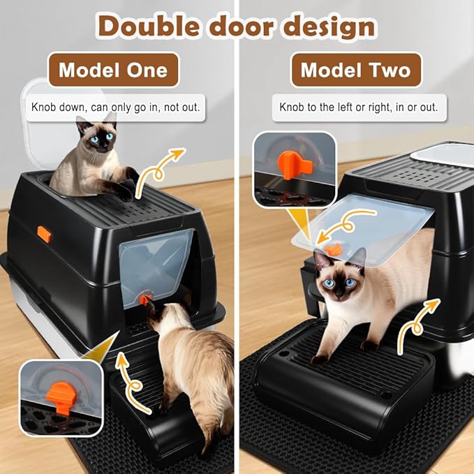 Vivifying Stainless Steel Litter Box with Lid, XL Front Entry Enclosed Extra Large Litter Box for Big Cats & Kitty, Top Exit Metal Cat Pan with Scoop, Mat, Footboard, Charcoal Filter (Black)