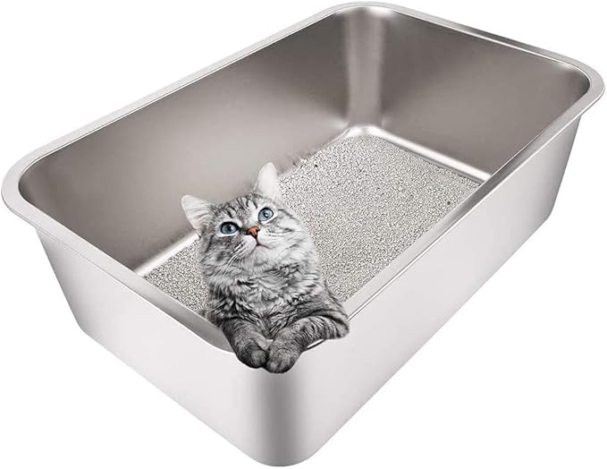 Yangbaga Stainless Steel Litter Box for Cat and Rabbit, Large Size with 8in High Sides and Non Slip Rubber Feet. Odor Control, Non Stick Smooth Surface, Easy to Clean, Never Bend