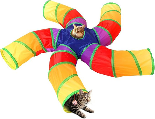 Coolcandy Cat Tunnel & Interactive Cat Toy Indoor, Curved 5 Way Tunnel Toys for Indoor Cats, Collapsible Interactive Peekaboo Cave with Play Ball, for Multi-Way Play & Small Animals
