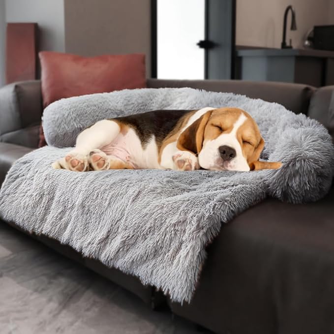 Calming Dogs/Cats Bed Mats, Dog Pad Washable Removable Couch Cover, Plush Long Fur Mat for Pets, Waterproof Lining, Perfect for Small, Medium and Large Dogs and Cats (Light Gray, 36"x31")