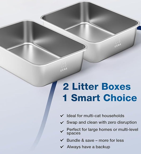2 Pack Stainless Steel Cat Litter Box, 19.5" L×13.6" W×5.9" H, Metal Kitty Litter Box with High Sided for Big and Small Catss, Non-Stick, Easy to Clean, Odor-Free