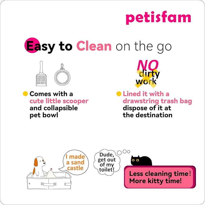 Smell-Contained Portable Cat Travel Litter Box with Zipped Lid to Keep Odor and Litter Contained. Lightweight to Carry to Anywhere (Pink, Medium)