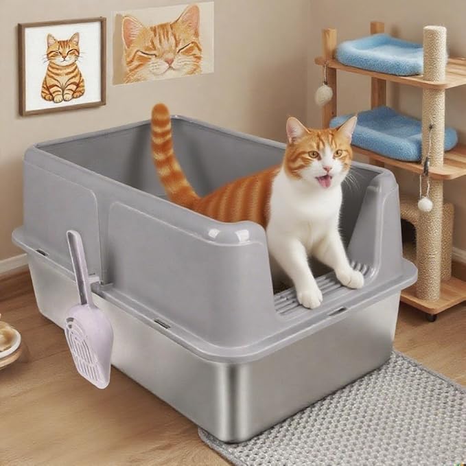 Stainless Steel Cat Litter Box - XL Enclosed High-Sided Pan for Big Cats - Non-Stick Odor Resistant - Easy to Clean with Scoop & Mat