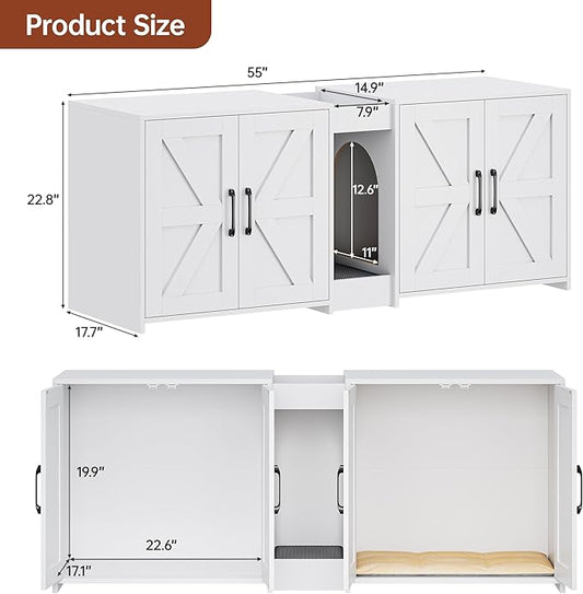 Cat Litter Box Enclosure Furniture - Hidden Litter Box Double Cabinet with Scratch Pad & Cats Bed | Farmhouse Style End Table for Cats | Discreet Cat Washroom for Living Room & Bedroom White