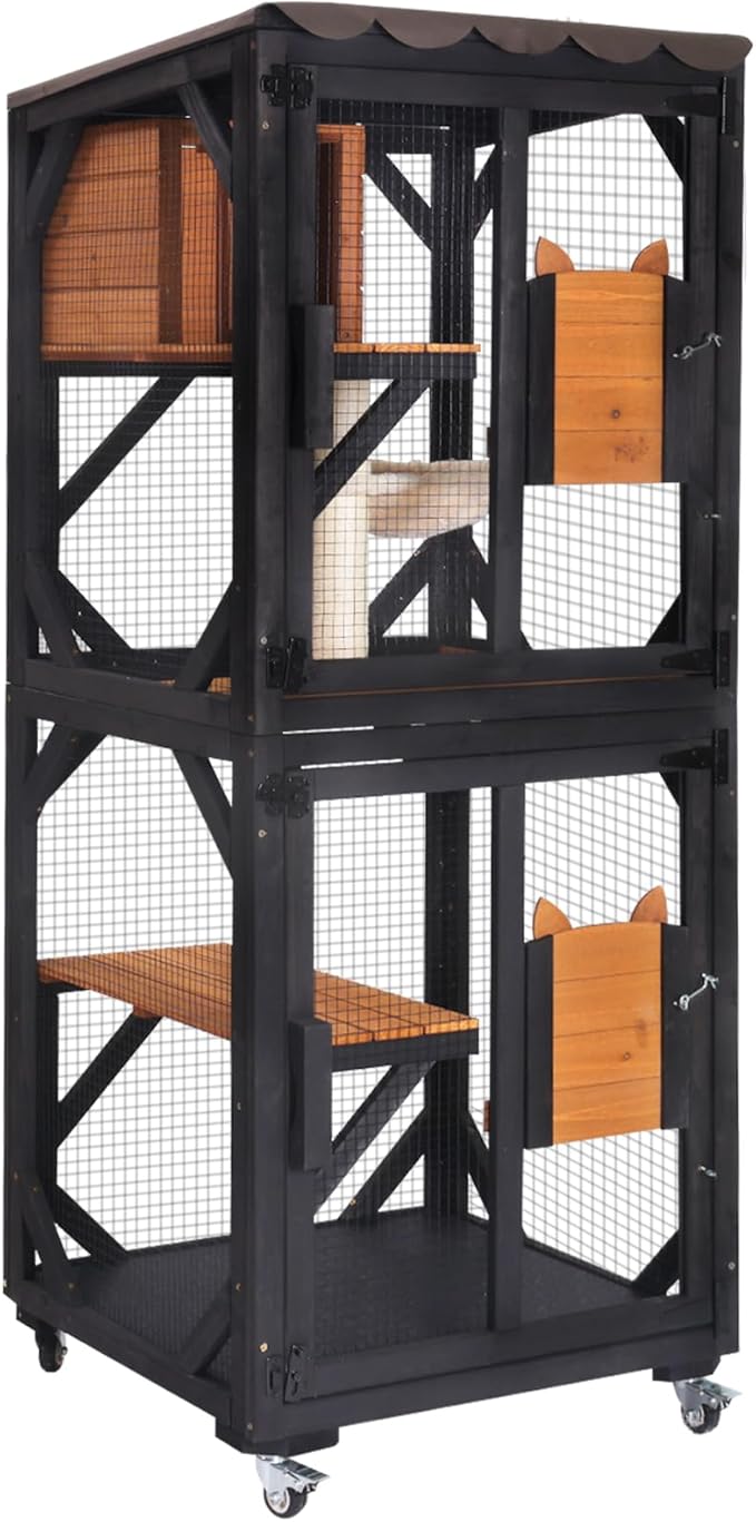 Aivituvin Cat House Window Catio Outdoor Cat Enclosure Mobile Kitty Shelter on Wheels Pet Cage with Resting Box,Hammocks,Waterproof Cover