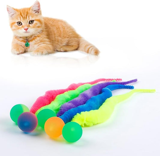 Bouncy Balls for Cats 5 Pack,Fuzzy Worm Cat Worm Toys with Ball,Magic Worm Bouncy Ball with Tail Cat Toy