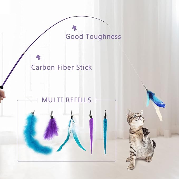 SONGWAY Interactive Cat Feather Toy Set - Retractable Teaser Wand with 6 Pcs Feather Refills with Bell, Cat Wand Toys for Indoor Cats Kittens Play Chase Exercise, Blue