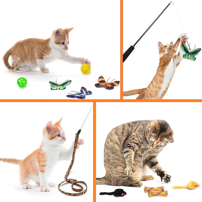 AWOOF Butterfly Cat Wand Cat Toys Set, Realistic Crinkle Catnip Butterflies Kitten Toys with Retractable Interactive Cat Wand 11 PCS Cat Toys for Indoor Cats