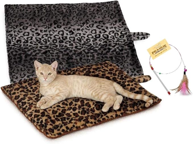 Prairie Horse Supply Quality Thermal Cat Mat and Free Cat Toy (Beige Leopard) (2 Mats) Cozy Self Heating Warming Kitty Kitten Puppy Small Dog Bed, Reversible Washable Pad, No Electricity