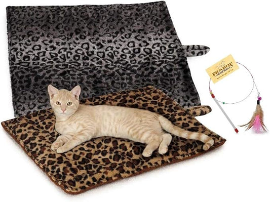 Prairie Horse Supply Quality Thermal Cat Mat and Free Cat Toy (Beige Leopard) (2 Mats) Cozy Self Heating Warming Kitty Kitten Puppy Small Dog Bed, Reversible Washable Pad, No Electricity