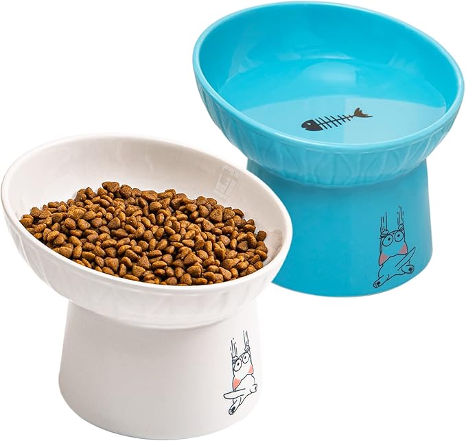 OMAYKEY 6.5 Inch Extra Wide Ceramic Raised Cat Bowls, Porcelain Tilted Elevated Cat Food Water Bowl Dish, Stress Free Pet Feeder Bowls Dishes for Elder Big Cats & Small Dogs, White & Blue