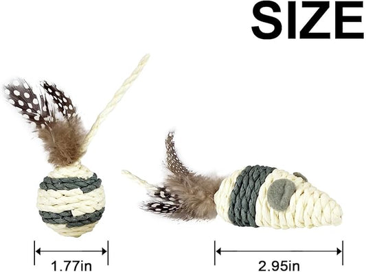 TTcat Cat Toys Set with Paper Rope & Feathers Ball and Mouse - 2 Pack, Interactive Toys for Indoor Cats,Kittens
