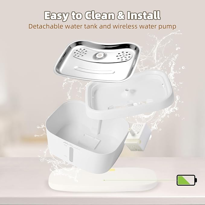 Meill Wireless cat Water Dispenser with 220° Motion Sensor & Quiet Pump, 85oz/2.5L Capacity, Battery Operated for Indoor and Outdoor use,Stainless Steel Drinking Tray, no Cleaning Hassle