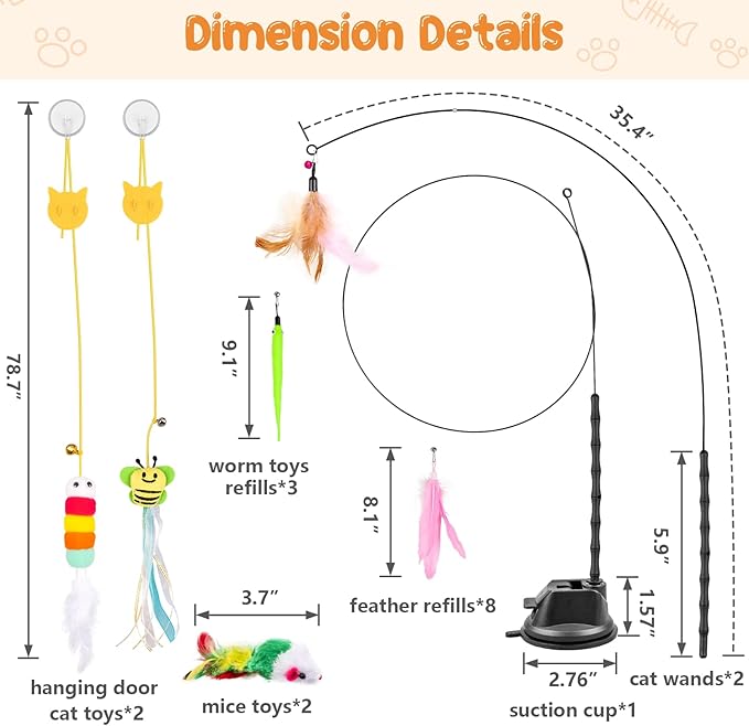 Depets Cat Wand Toy, 15 Pcs Interactive Cat Feather Toys for Indoor Self Play & Exercise, 2 Play Modes Kitten Teaser Wand, Reusable Suction Cup Kitten Toys