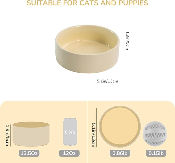 SPUNKYJUNKY 13.5OZ Ceramic Dog and Cat Bowl, Modern Cute Weighted Food Water Bowl for Replacement Beige (2 Pack)