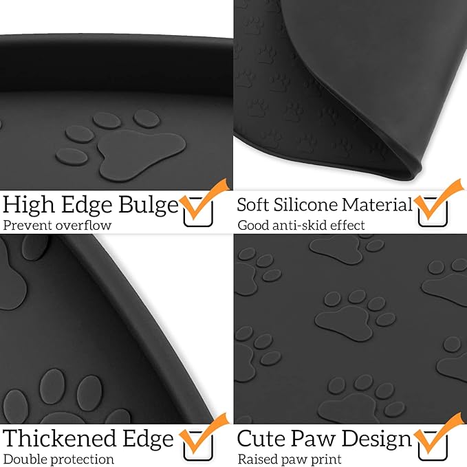 KPWACD Pet Placemat for Dog and Cat, Anti-Slip Waterproof Dogs Feeding Bowl Mat Prevent Food and Water Overflow, Silicone Puppy Dish Mats Suitable for Small Medium Big Pets, Black, 24" * 16"