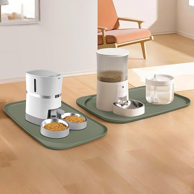 Silicone Pet Feeding Mat with Raised Edge & Residue Collection Pocket for Food and Water, Dog Bowl Mats, Cat Bowls Placemat with High Lip for Floor Waterproof, 22 x 14 x 0.8 Light Olive Green