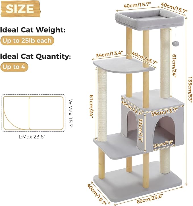 PAWZ Road Large Cat Tree, 53 Inches Modern Wooden Cat Tower for Indoor Cats, Multi-Level Cat Condos with Long Scratching Posts and Natural Wood Posts,Gray