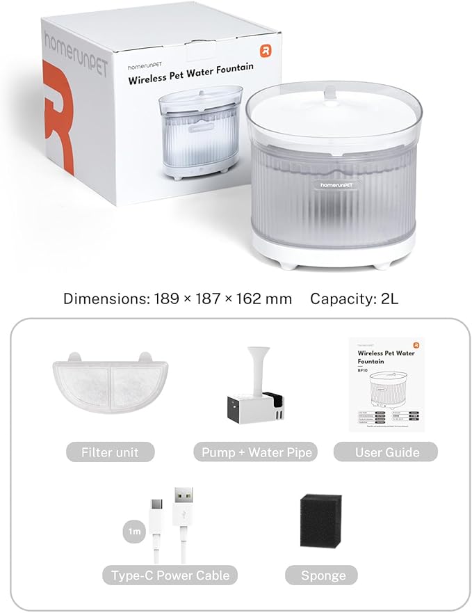 Homerunpet Cordless Cat Water Fountain, 7800mAh Battery, 30-Day Runtime, Easy-Clean Detachable Design, Transparent Tank, Motion Sensor, White