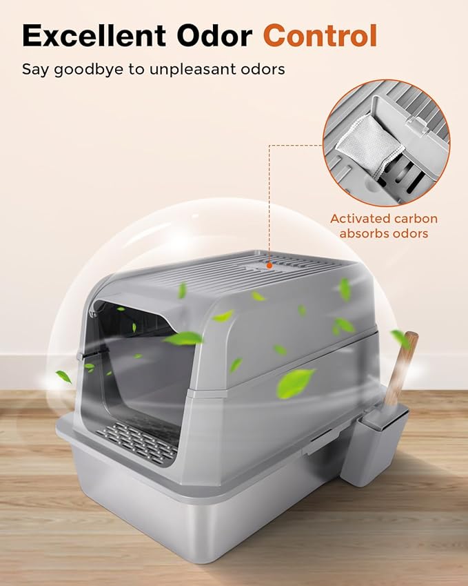 Stainless Steel Litter Box with Lid - Extra Large Cat Litter Boxes for Big Cats with Mat & Scoop - Anti-Leakage, Odor-Proof, High-Sided, Non-Stick& Easy to Clean - Ideal for Multi-Cat Homes - Gray