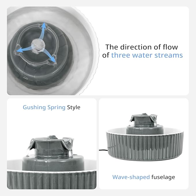 Ceramic Cat Water Fountain, 2.1L/71oz Cupcake Pet Water Fountain for Cats and Dogs, Ultra-Quiet Pump Pet Fountain with Replacement Filter and Foam (Dark Grey)