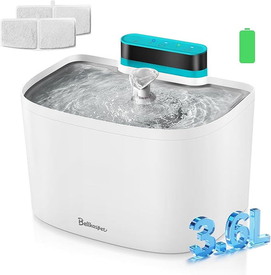 Cat Water Fountain, 122oz/3.6L Pumpless Cat Fountain, Cordless Water Fountains for Cats Indoor, Dog Pet Water Fountain Battery Operated with Stainless Steel Tray (White, Fountain+2 Fliters)